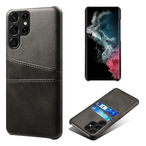 For Samsung Galaxy S23 Ultra Dual Card Slots Anti-scratch Phone Case PU Leather Coated Hard PC Cover - Black - 1