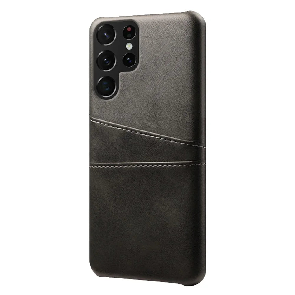 For Samsung Galaxy S23 Ultra Dual Card Slots Anti-scratch Phone Case PU Leather Coated Hard PC Cover - Black - 2