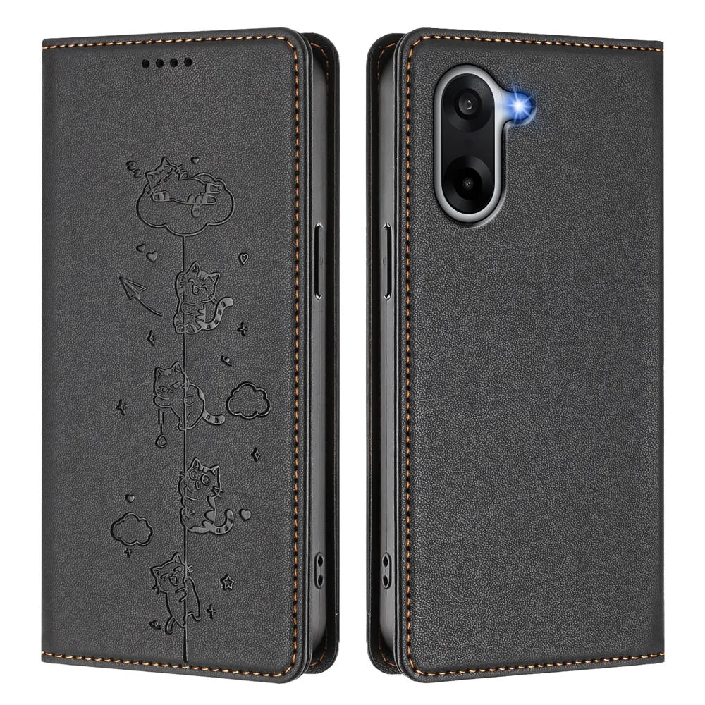 For OnePlus Nord CE 5G / OnePlus Ace 5 Racing 5G Case RFID Blocking Wallet Stand Imprinted Cat Pattern Leather Phone Cover - Black - 1