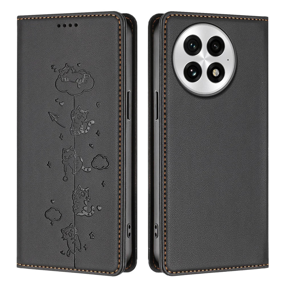 For OnePlus 13 Case RFID Blocking Wallet Stand Imprinted Cat Pattern Leather Phone Cover - Black - 1