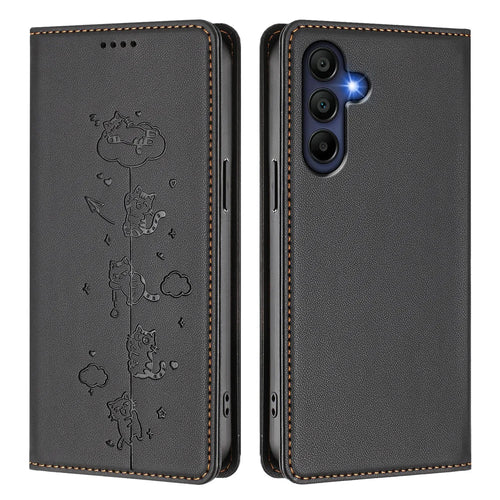 For Samsung Galaxy A16 5G / Galaxy A16 4G Case RFID Blocking Wallet Stand Imprinted Cat Pattern Leather Phone Cover - Black - 1