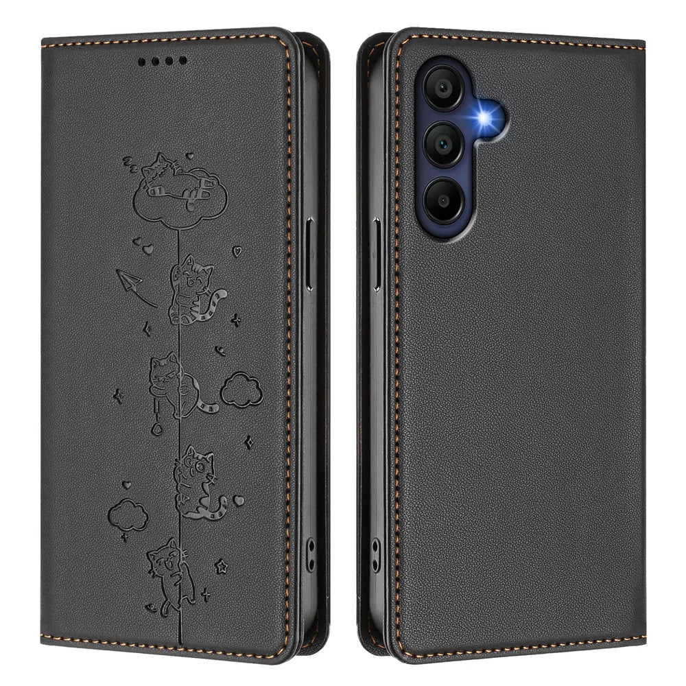 For Samsung Galaxy A16 5G / Galaxy A16 4G Case RFID Blocking Wallet Stand Imprinted Cat Pattern Leather Phone Cover - Black - 1