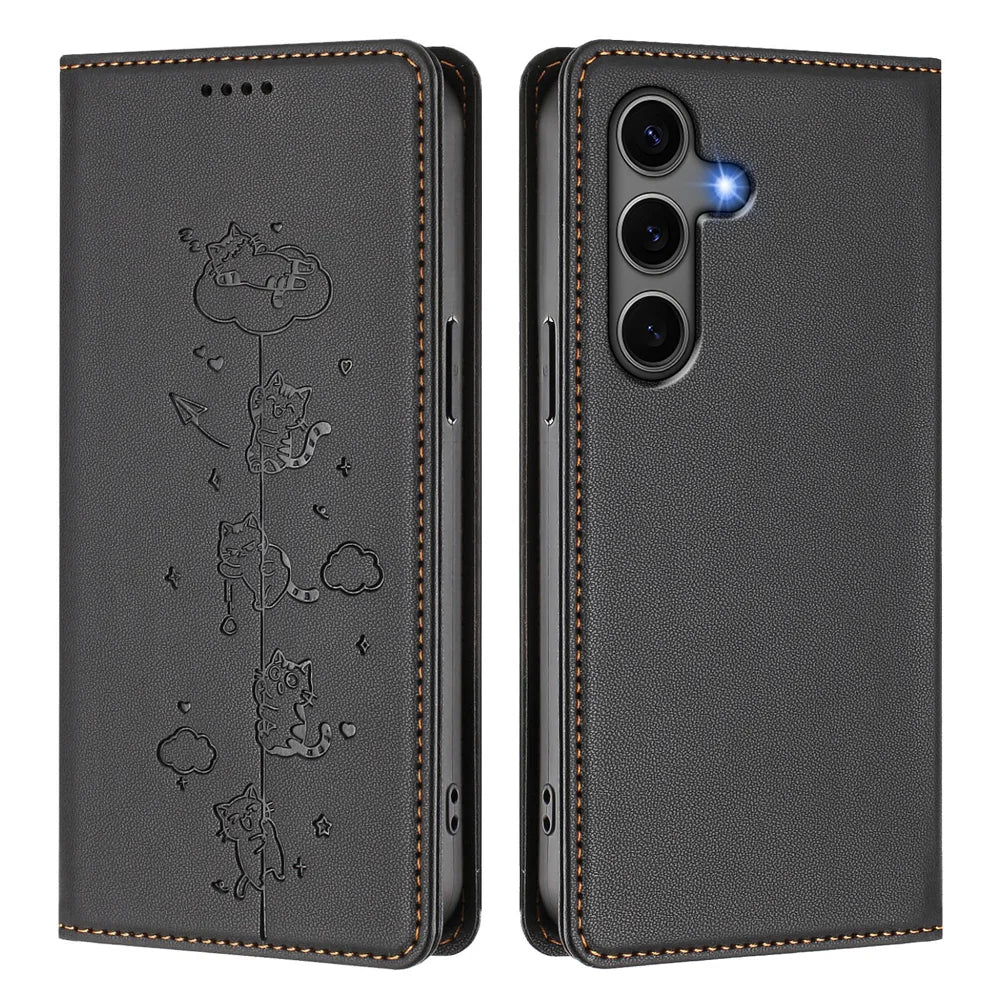 For Samsung Galaxy S25+ / Galaxy S24+ Case RFID Blocking Wallet Stand Imprinted Cat Pattern Leather Phone Cover - Black - 1
