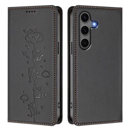 For Samsung Galaxy S25+ / Galaxy S24+ Case RFID Blocking Wallet Stand Imprinted Cat Pattern Leather Phone Cover - Black - 1