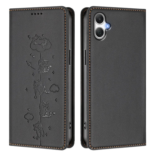 For Samsung Galaxy A08 5G / A08 4G / A07 4G / A06 4G / A06 5G Case RFID Blocking Wallet Stand Imprinted Cat Pattern Leather Phone Cover - Black - 1