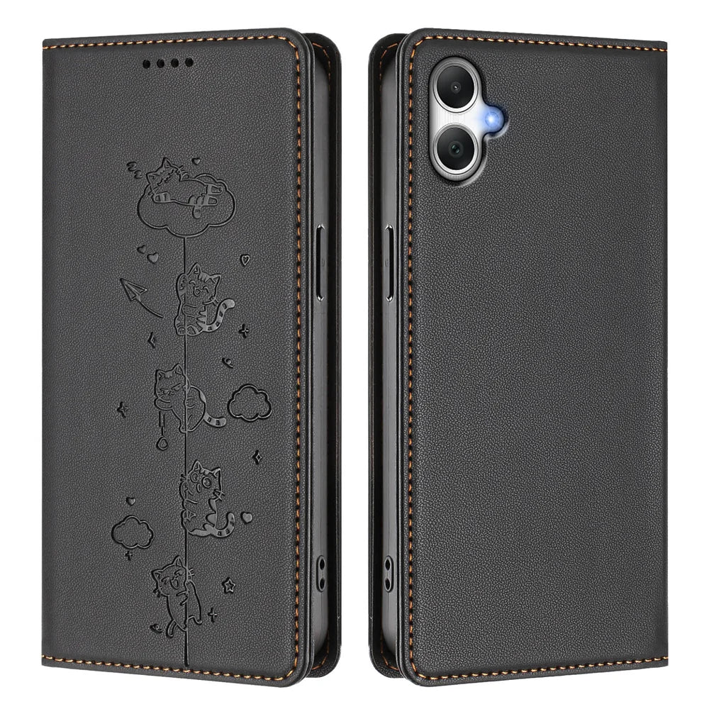 For Samsung Galaxy A08 5G / A08 4G / A07 4G / A06 4G / A06 5G Case RFID Blocking Wallet Stand Imprinted Cat Pattern Leather Phone Cover - Black - 1