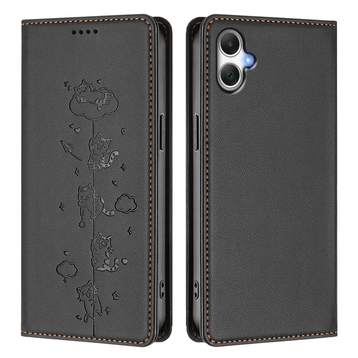 For Samsung Galaxy A08 5G / A08 4G / A07 4G / A06 4G / A06 5G Case RFID Blocking Wallet Stand Imprinted Cat Pattern Leather Phone Cover - Black - 1