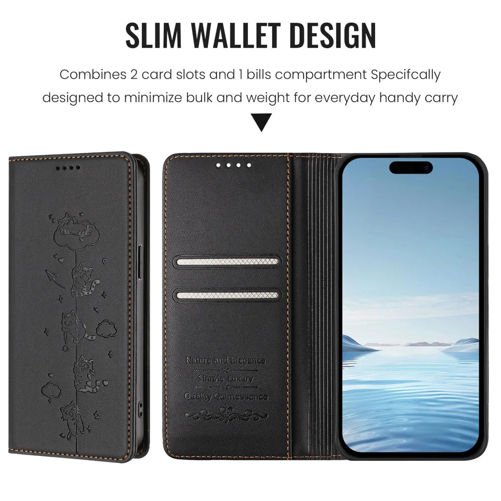 For Samsung Galaxy S25 Edge Case RFID Blocking Wallet Stand Imprinted Cat Pattern Leather Phone Cover - Black - 6