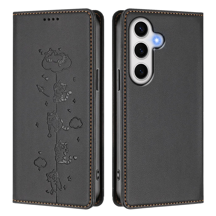 For Samsung Galaxy S24 FE Case RFID Blocking Wallet Stand Imprinted Cat Pattern Leather Phone Cover - Black - 1