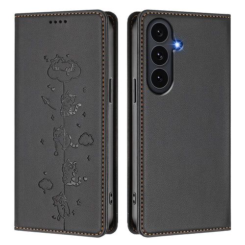 For Samsung Galaxy S26 FE / S25 FE Case RFID Blocking Wallet Stand Imprinted Cat Pattern Leather Phone Cover - Black - 1