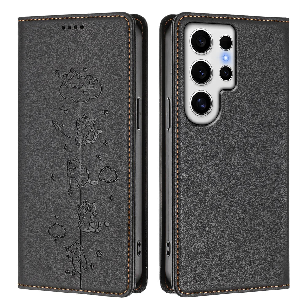 For Samsung Galaxy S24 Ultra Case RFID Blocking Wallet Stand Imprinted Cat Pattern Leather Phone Cover - Black - 1