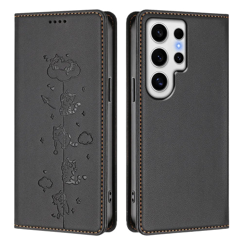 For Samsung Galaxy S24 Ultra Case RFID Blocking Wallet Stand Imprinted Cat Pattern Leather Phone Cover - Black - 1