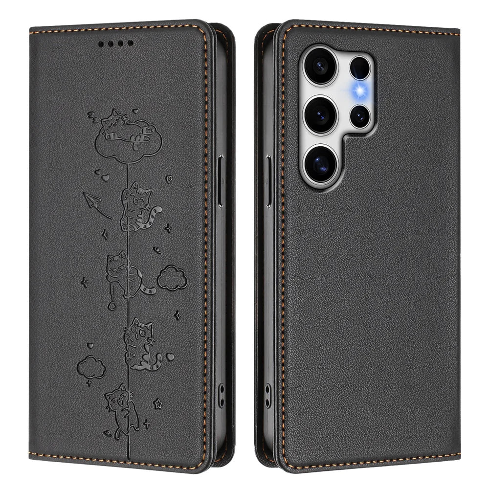 For Samsung Galaxy S25 Ultra Case RFID Blocking Wallet Stand Imprinted Cat Pattern Leather Phone Cover - Black - 1