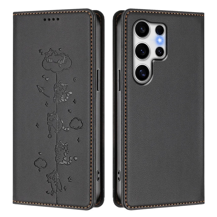 For Samsung Galaxy S25 Ultra Case RFID Blocking Wallet Stand Imprinted Cat Pattern Leather Phone Cover - Black - 1
