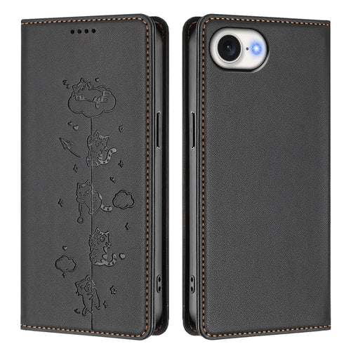For iPhone 17e / 16e Case RFID Blocking Wallet Stand Imprinted Cat Pattern Leather Phone Cover - Black - 1