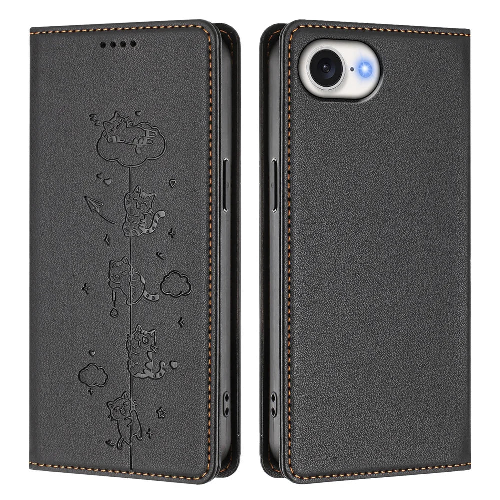 For iPhone 17e / 16e Case RFID Blocking Wallet Stand Imprinted Cat Pattern Leather Phone Cover - Black - 1