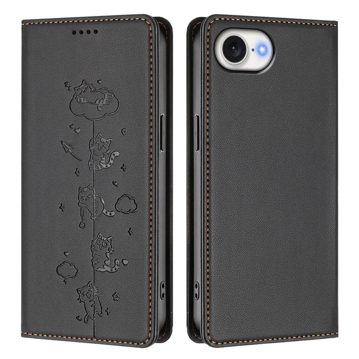 For iPhone 17e / 16e Case RFID Blocking Wallet Stand Imprinted Cat Pattern Leather Phone Cover - Black - 1