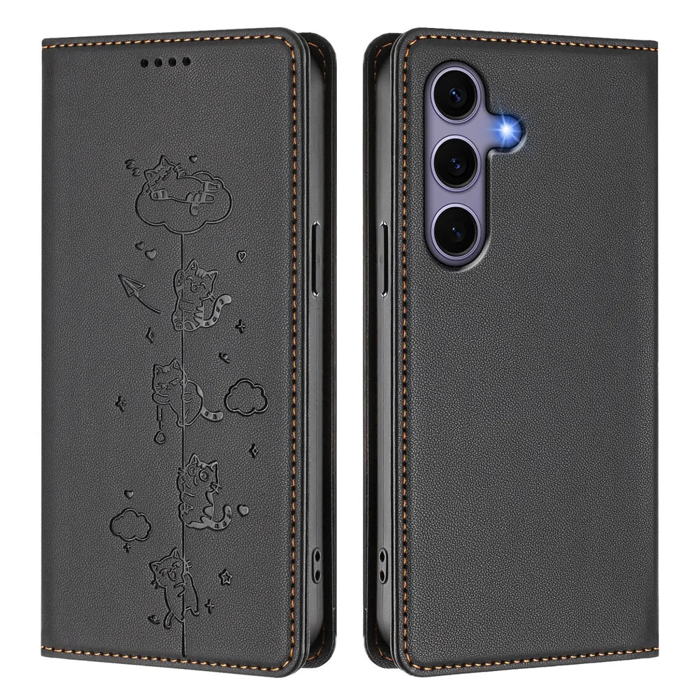 For Samsung Galaxy S25 / Galaxy S24 Case RFID Blocking Wallet Stand Imprinted Cat Pattern Leather Phone Cover - Black - 1