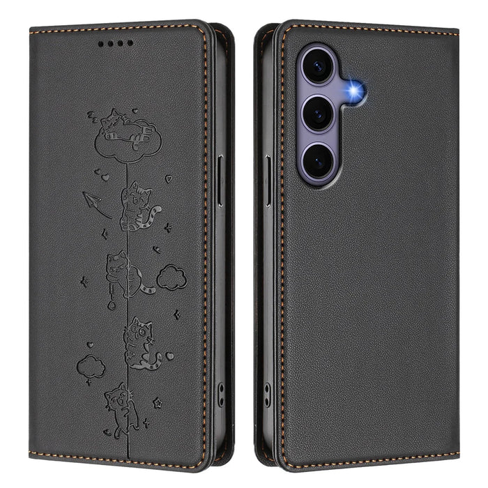 For Samsung Galaxy S25 / Galaxy S24 Case RFID Blocking Wallet Stand Imprinted Cat Pattern Leather Phone Cover - Black - 1