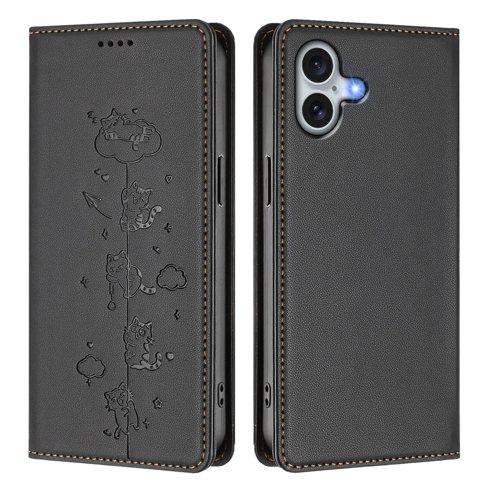 For iPhone 16 Plus Case RFID Blocking Wallet Stand Imprinted Cat Pattern Leather Phone Cover - Black - 1