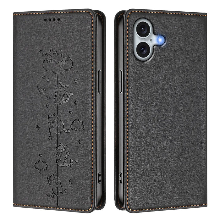 For iPhone 16 Plus Case RFID Blocking Wallet Stand Imprinted Cat Pattern Leather Phone Cover - Black - 1