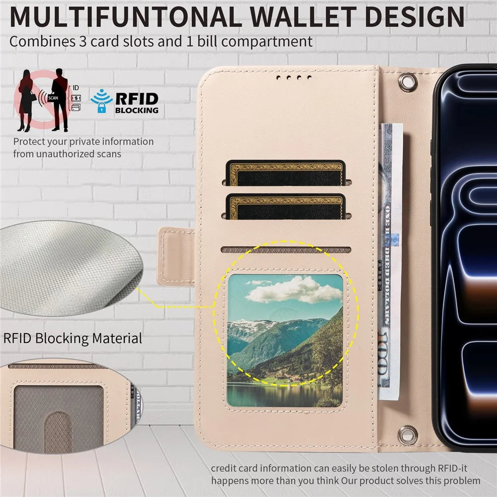 For iPhone 18 Pro / 17 Pro Leather Case Rhinestone Decor Rhombus Pattern Wallet Stand Flip Phone Cover with Straps - Apricot - 7