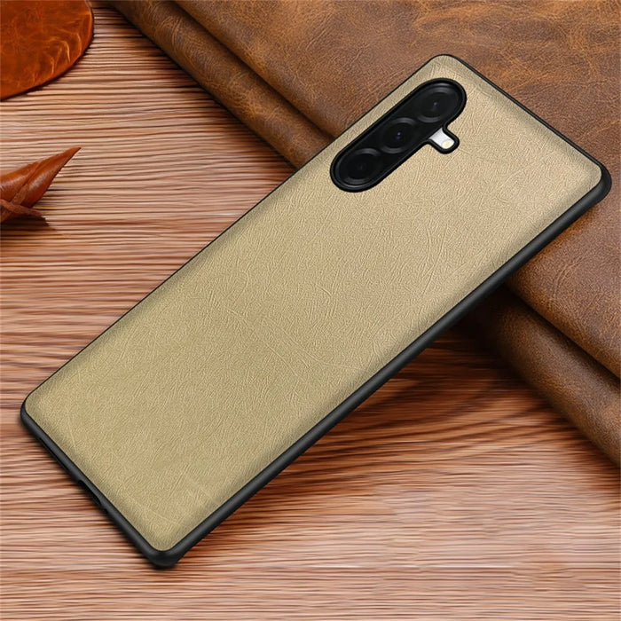 For Samsung Galaxy A37 5G Case Silk-Textured PU Leather Coated PC TPU Protective Phone Back Cover - Gold - 2