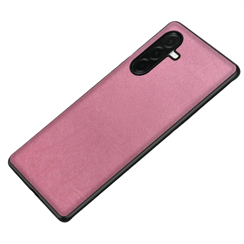 For Samsung Galaxy S25 Case Silk-Textured PU Leather Coated PC TPU Protective Phone Back Cover - Pink - 1