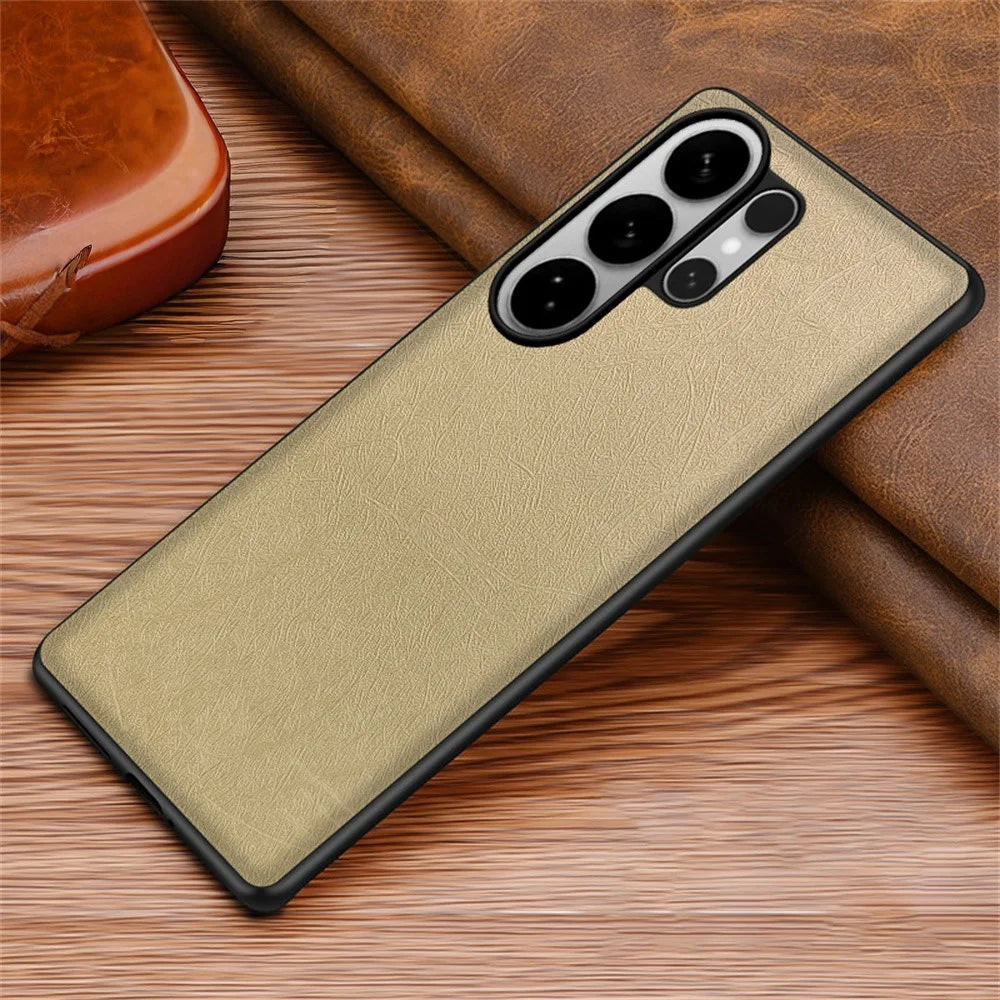 For Samsung Galaxy S26 Ultra Case Silk-Textured PU Leather Coated PC TPU Protective Phone Back Cover - Gold - 2