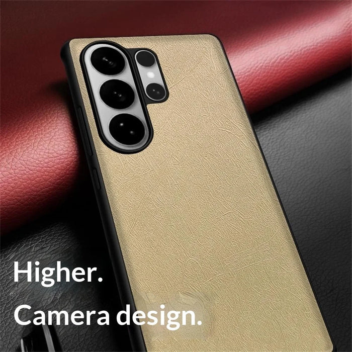 For Samsung Galaxy S24 Ultra Case Silk-Textured PU Leather Coated PC TPU Protective Phone Back Cover - Gold - 3