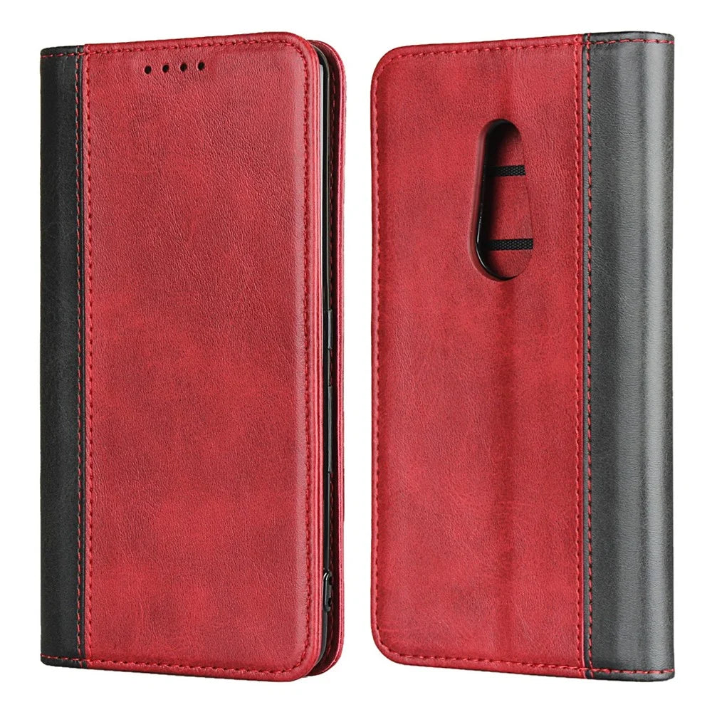 For Fujitsu Arrows Be4 Bi-color Splicing PU Leather Flip Wallet Case Calf Texture Stand Magnetic Absorption Protective Phone Cover - Red  /  Black - 1