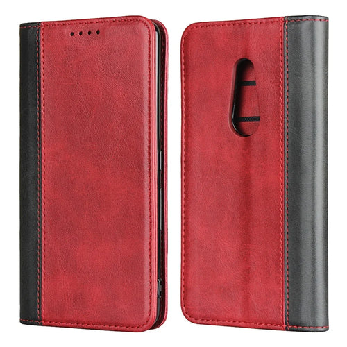 For Fujitsu Arrows Be4 Bi-color Splicing PU Leather Flip Wallet Case Calf Texture Stand Magnetic Absorption Protective Phone Cover - Red  /  Black - 1