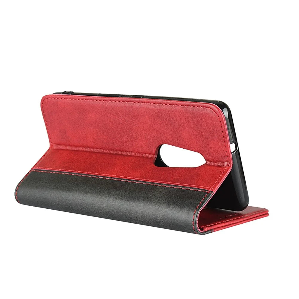For Fujitsu Arrows Be4 Bi-color Splicing PU Leather Flip Wallet Case Calf Texture Stand Magnetic Absorption Protective Phone Cover - Red  /  Black - 3