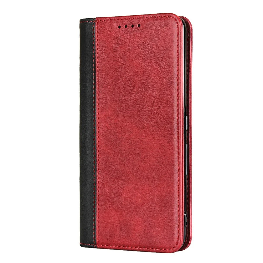 For Fujitsu Arrows Be4 Bi-color Splicing PU Leather Flip Wallet Case Calf Texture Stand Magnetic Absorption Protective Phone Cover - Red  /  Black - 4