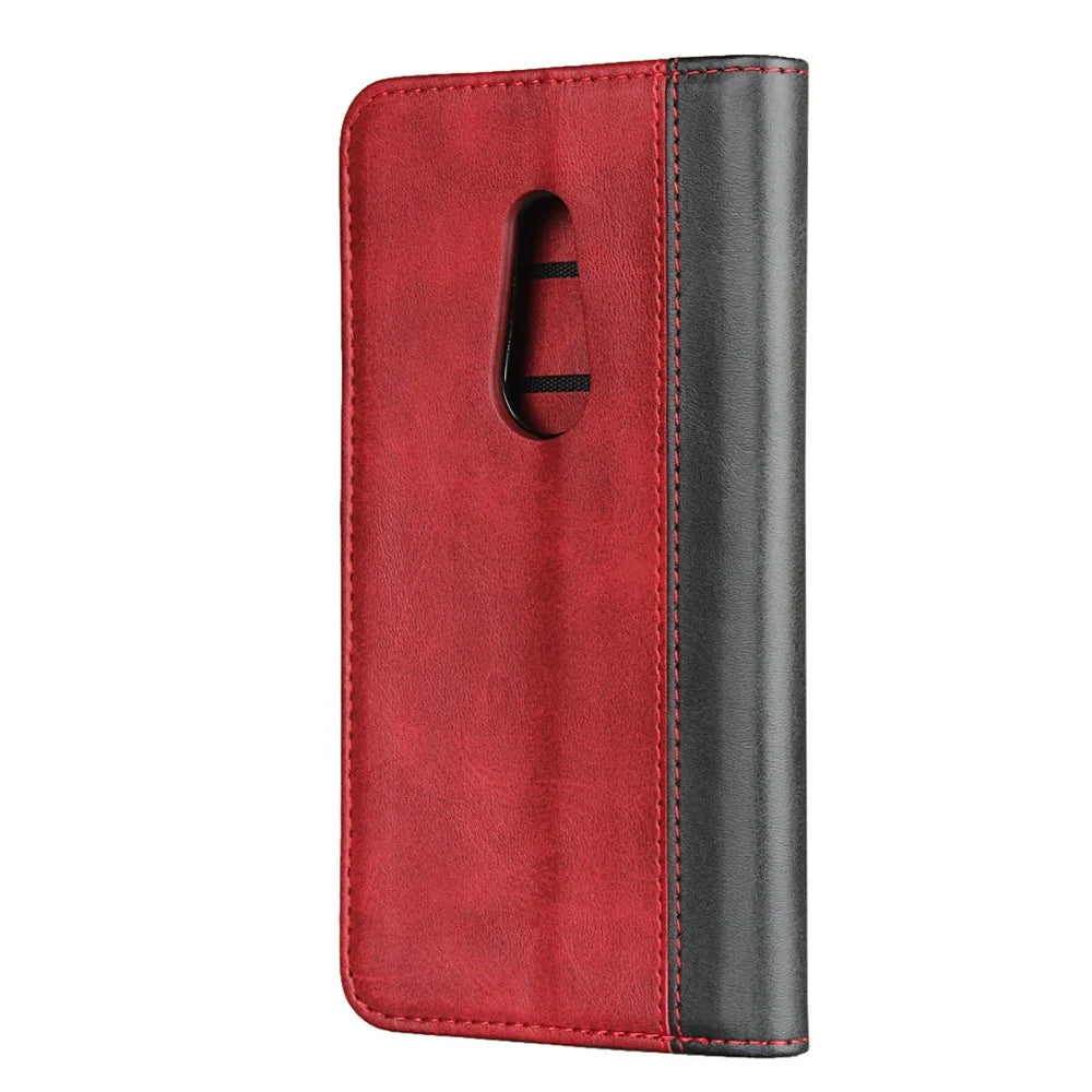 For Fujitsu Arrows Be4 Bi-color Splicing PU Leather Flip Wallet Case Calf Texture Stand Magnetic Absorption Protective Phone Cover - Red  /  Black - 5