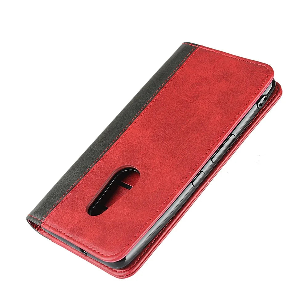 For Fujitsu Arrows Be4 Bi-color Splicing PU Leather Flip Wallet Case Calf Texture Stand Magnetic Absorption Protective Phone Cover - Red  /  Black - 6