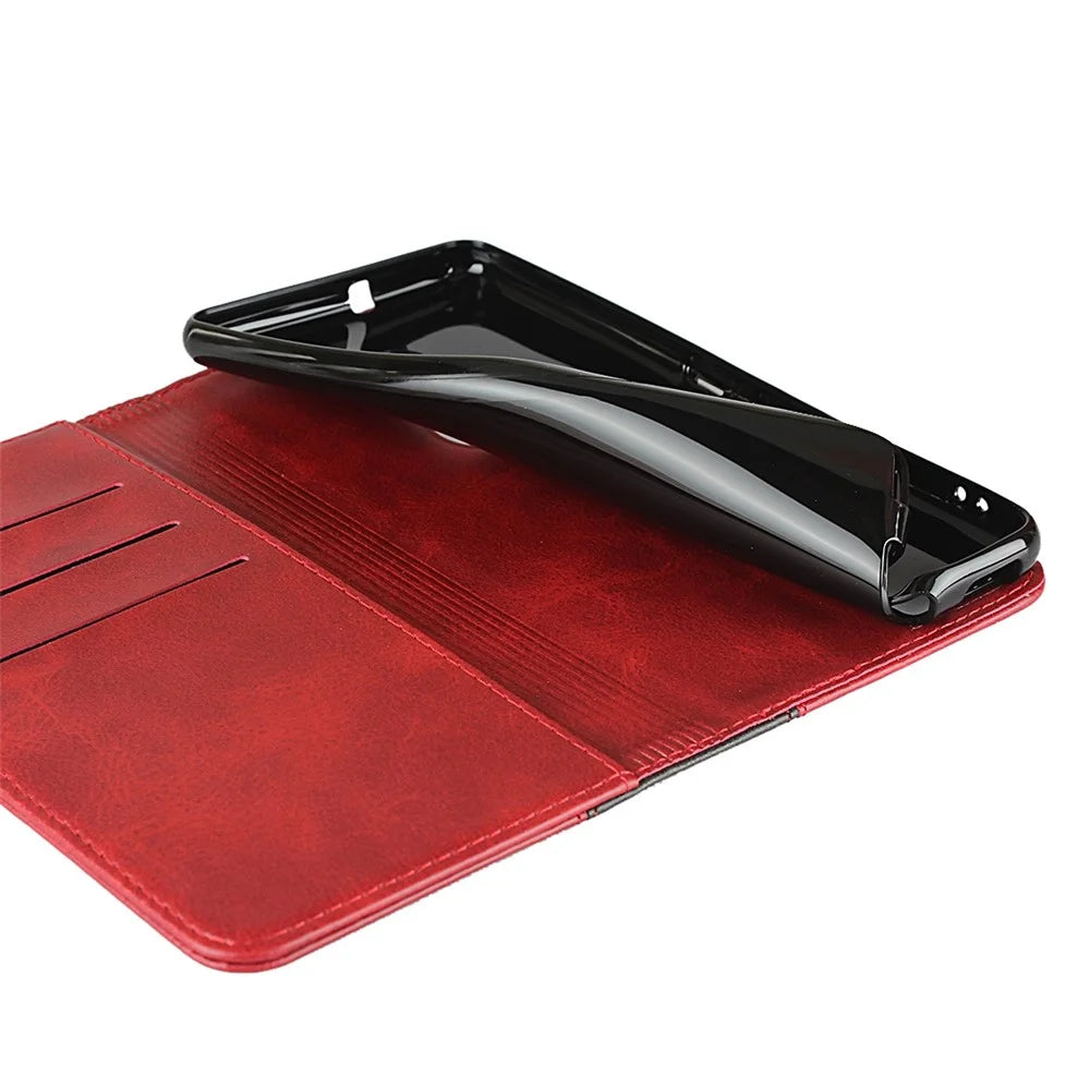 For Fujitsu Arrows Be4 Bi-color Splicing PU Leather Flip Wallet Case Calf Texture Stand Magnetic Absorption Protective Phone Cover - Red  /  Black - 7