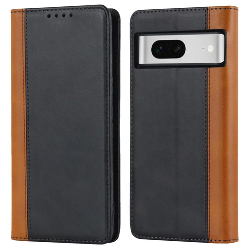 For Google Pixel 7 5G Calf Texture PU Leather Wallet Case Stand Magnetic Auto-absorbed Bi-color Splicing Flip Folio Phone Cover - Black  /  Yellow - 1