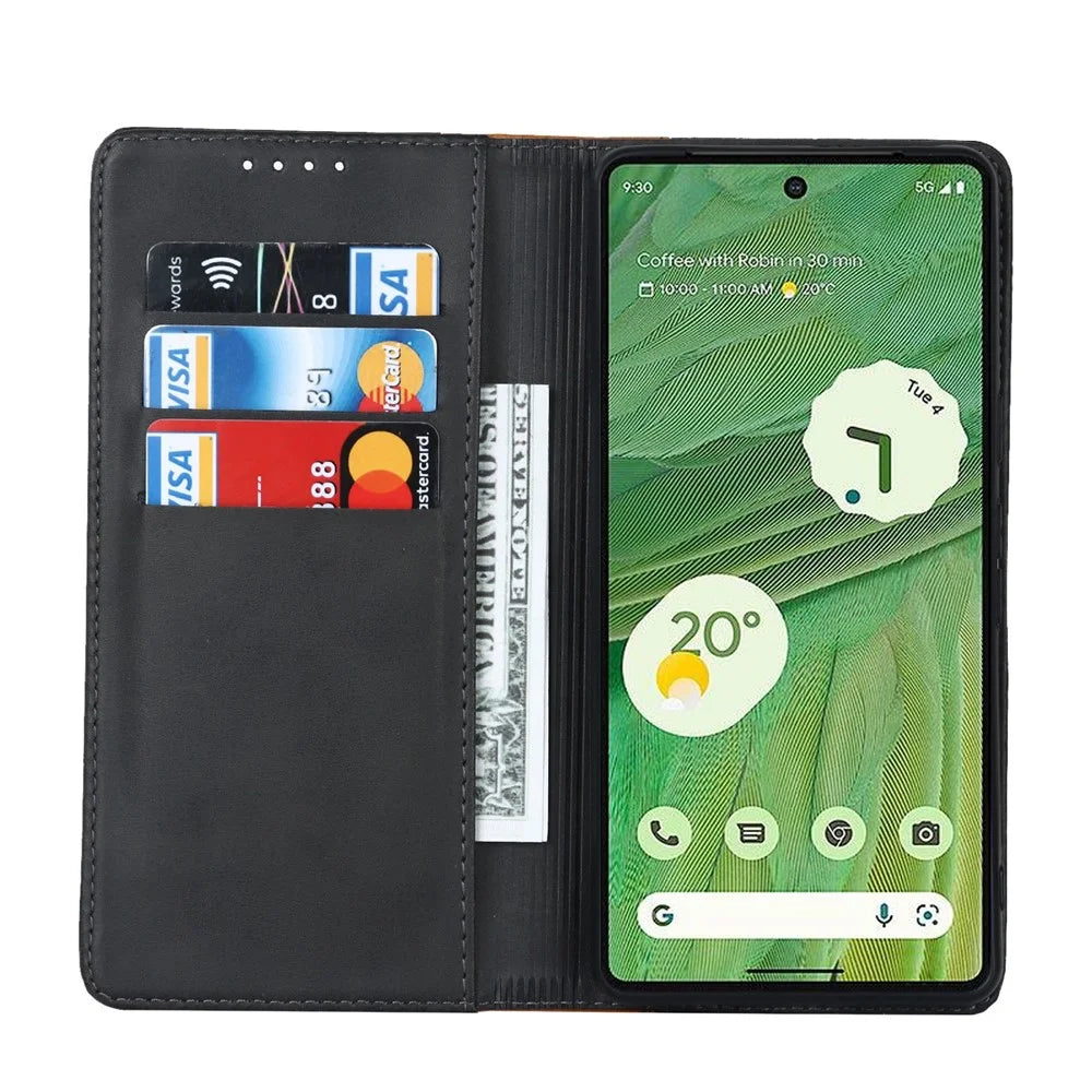 For Google Pixel 7 5G Calf Texture PU Leather Wallet Case Stand Magnetic Auto-absorbed Bi-color Splicing Flip Folio Phone Cover - Black  /  Yellow - 2