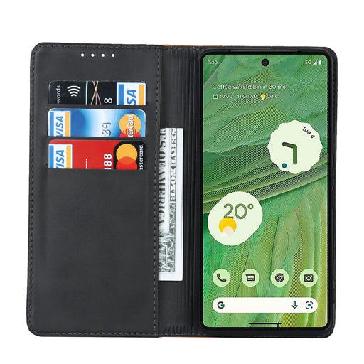 For Google Pixel 7 5G Calf Texture PU Leather Wallet Case Stand Magnetic Auto-absorbed Bi-color Splicing Flip Folio Phone Cover - Black  /  Yellow - 2