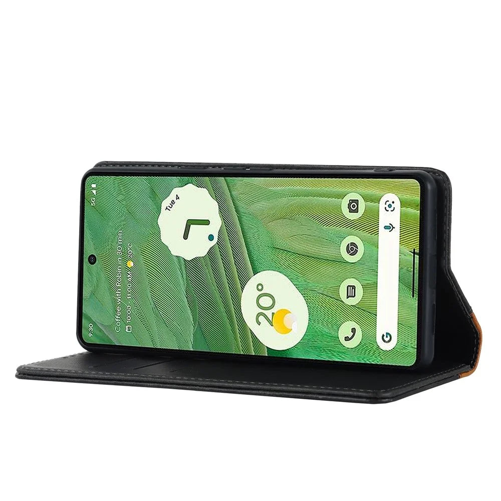 For Google Pixel 7 5G Calf Texture PU Leather Wallet Case Stand Magnetic Auto-absorbed Bi-color Splicing Flip Folio Phone Cover - Black  /  Yellow - 3