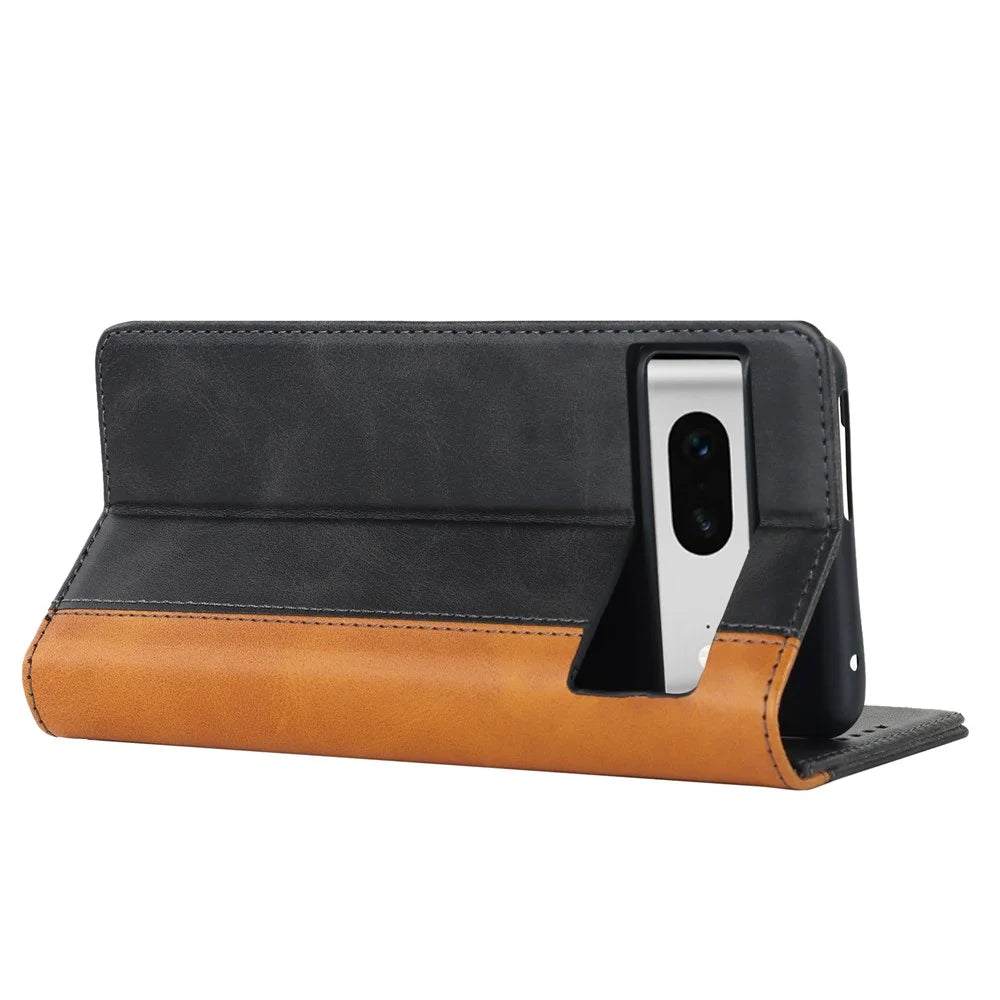 For Google Pixel 7 5G Calf Texture PU Leather Wallet Case Stand Magnetic Auto-absorbed Bi-color Splicing Flip Folio Phone Cover - Black  /  Yellow - 4
