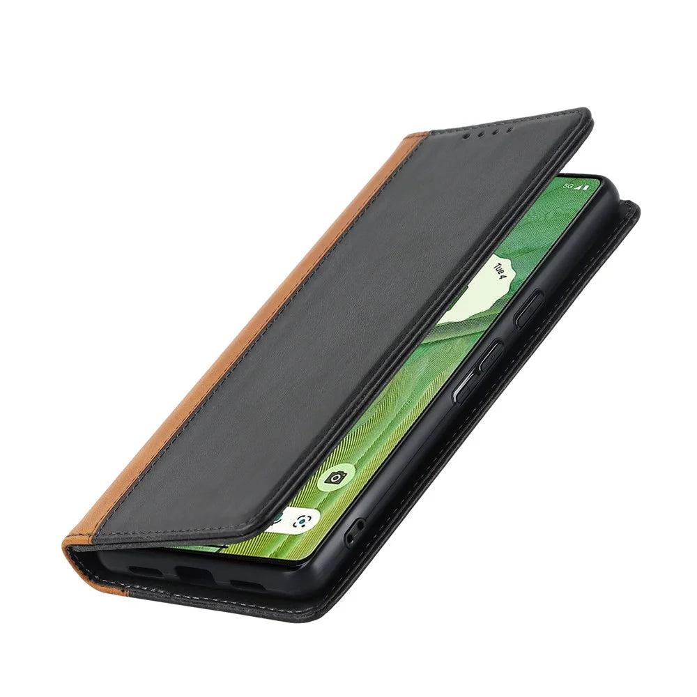 For Google Pixel 7 5G Calf Texture PU Leather Wallet Case Stand Magnetic Auto-absorbed Bi-color Splicing Flip Folio Phone Cover - Black  /  Yellow - 5