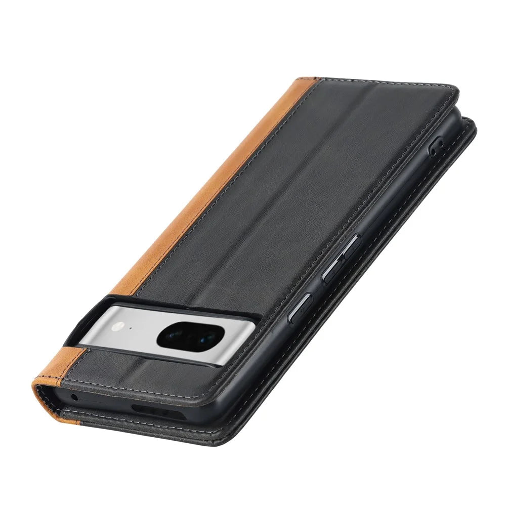 For Google Pixel 7 5G Calf Texture PU Leather Wallet Case Stand Magnetic Auto-absorbed Bi-color Splicing Flip Folio Phone Cover - Black  /  Yellow - 6