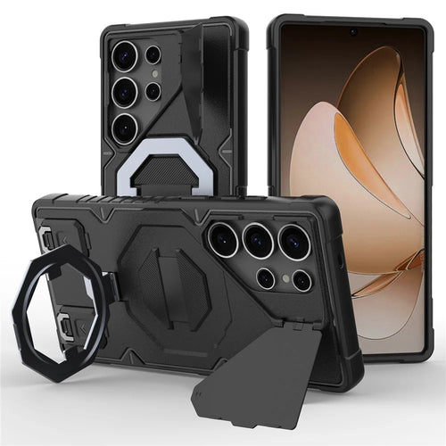 For Samsung Galaxy S25 Ultra Magnetic Case PC + TPU Kickstand Phone Cover with Lanyard - Black - 1