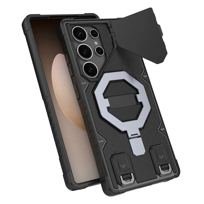 For Samsung Galaxy S25 Ultra Magnetic Case PC + TPU Kickstand Phone Cover with Lanyard - Black - 5