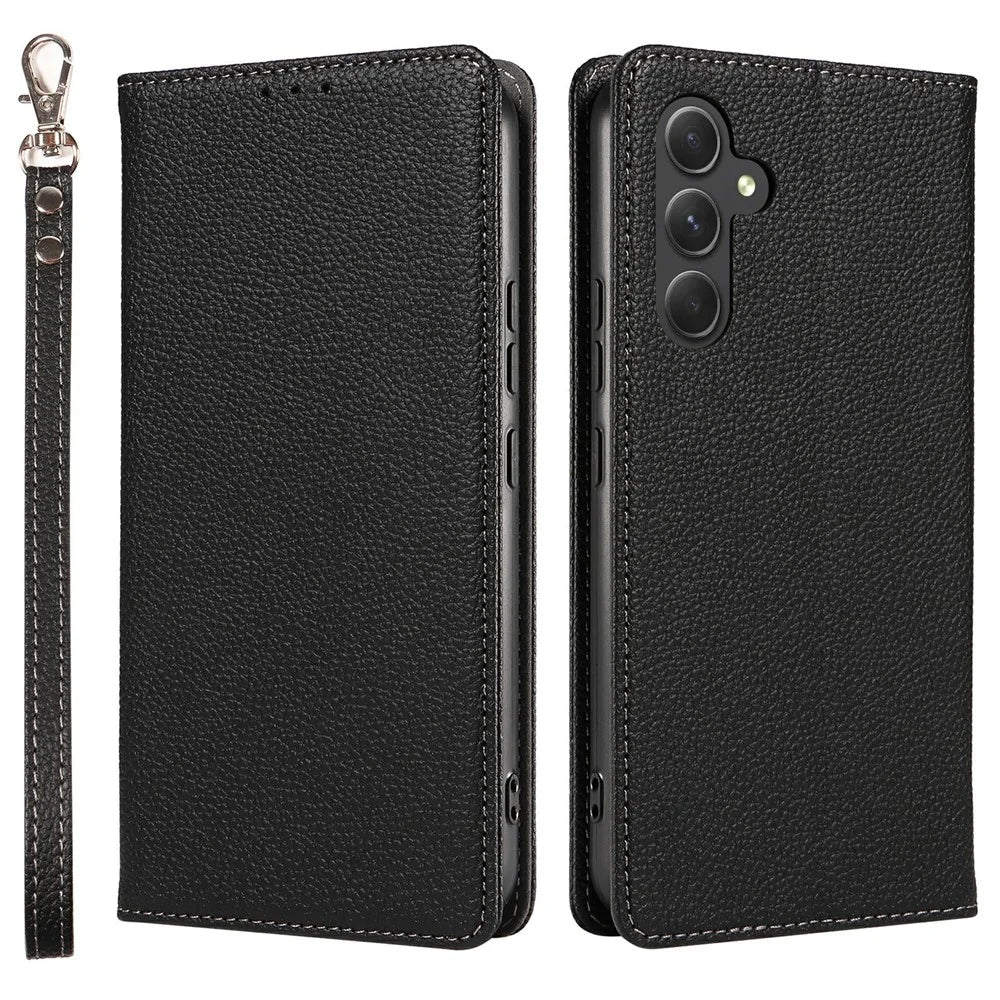For Samsung Galaxy A37 5G Case Magnetic Litchi Texture Wallet Leather Phone Cover with Wrist Strap - Black - 1