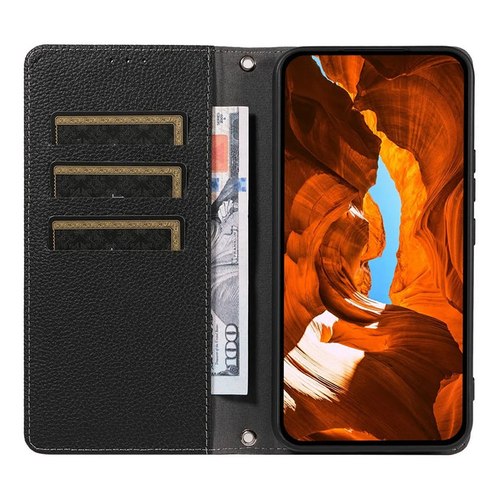 For Samsung Galaxy A57 5G Case Magnetic Litchi Texture Wallet Leather Phone Cover with Wrist Strap - Black - 2