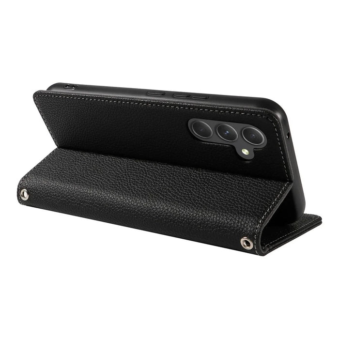For Samsung Galaxy A57 5G Case Magnetic Litchi Texture Wallet Leather Phone Cover with Wrist Strap - Black - 4