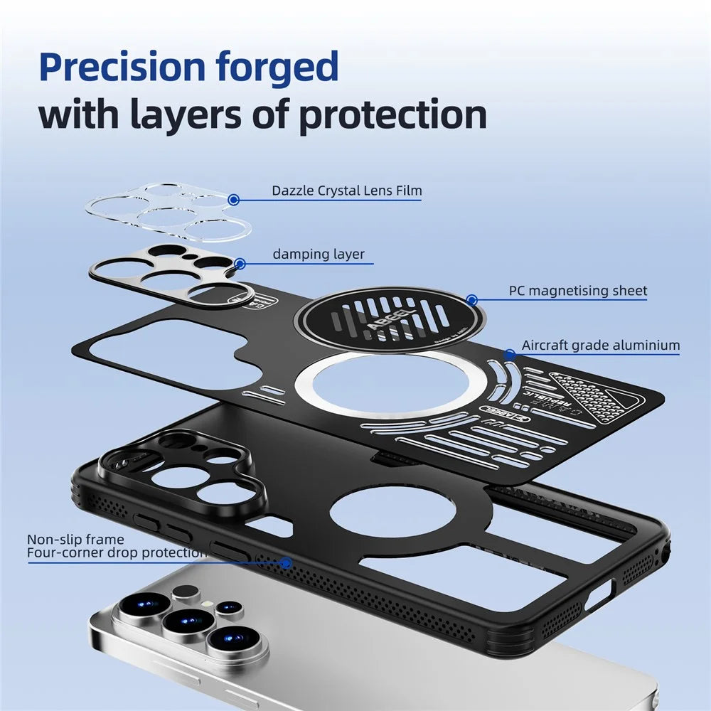 ABEEL For Samsung Galaxy S26 Ultra Magnetic Case Aluminium Alloy + PC + TPU Hollow Heat Dissipation Phone Cover - Black - 5